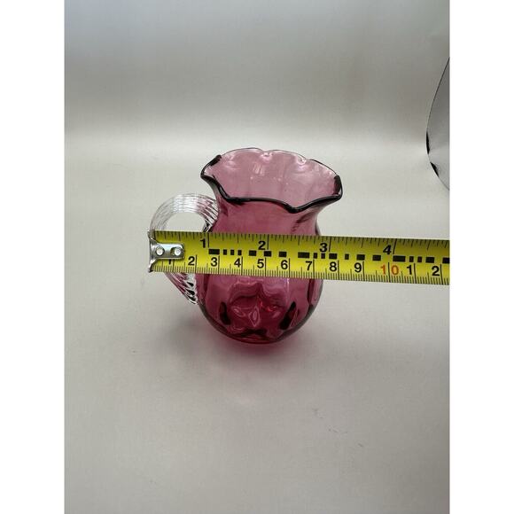 Pilgrim Cranberry Glass Creamer Pitcher Hand Blown Ruffled Top Applied Handle 4” - Picture 6 of 7